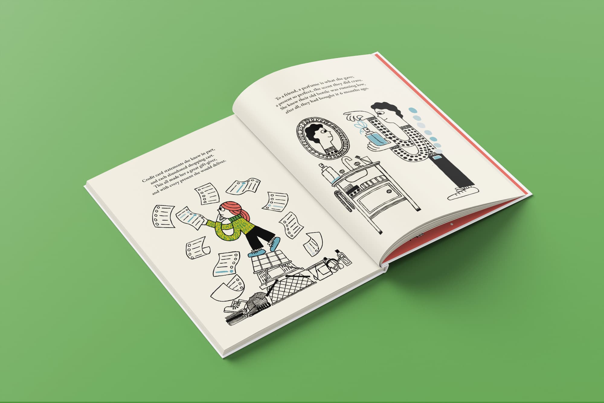  Example page from inside the book. Big Data Girl reads blue receipts. Another person is admiring a perfume that is also blue.